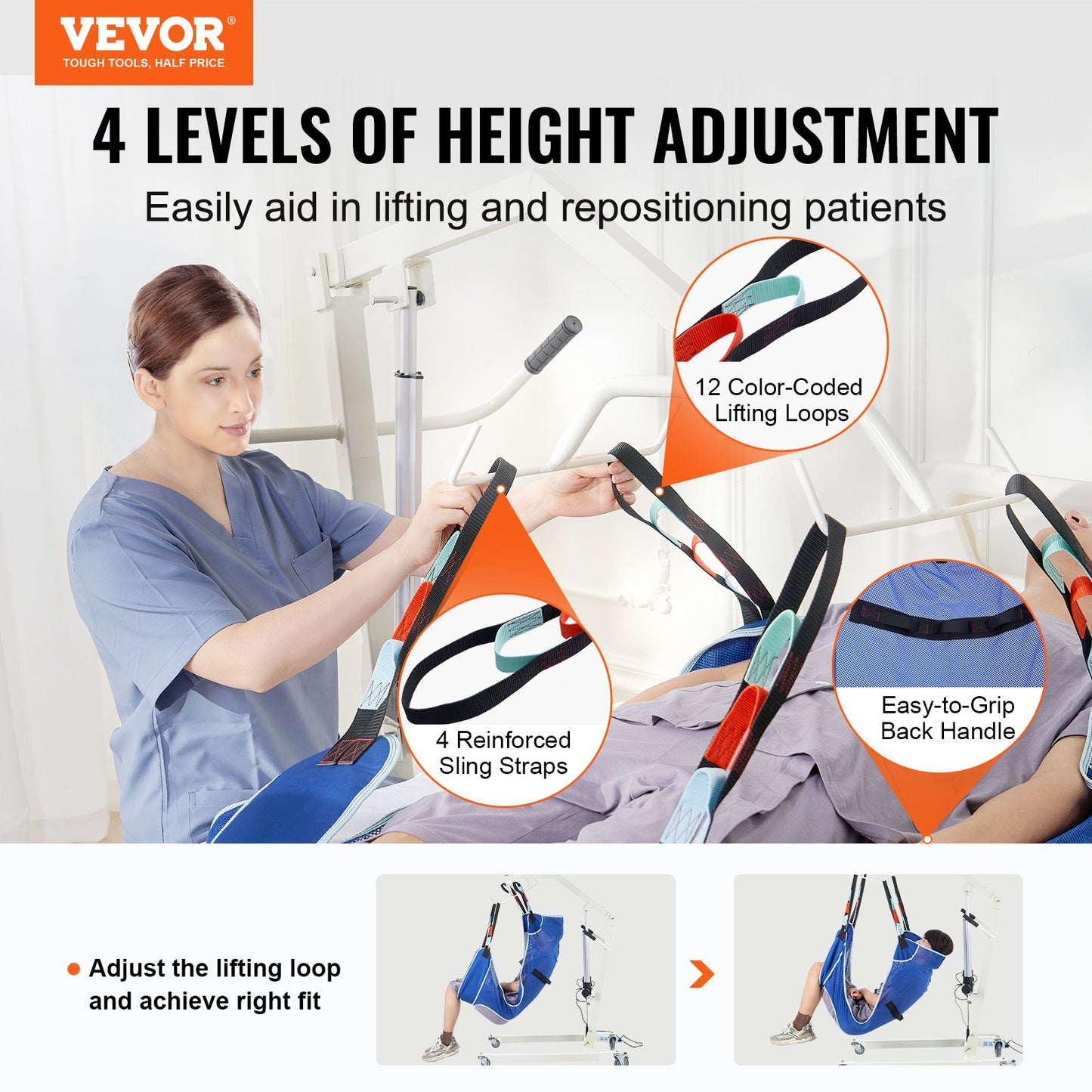 VEVOR Full Body Patient Lift Sling With Commode Opening Medical Aid Sling L-Size,147 X 105cm, 600LBS