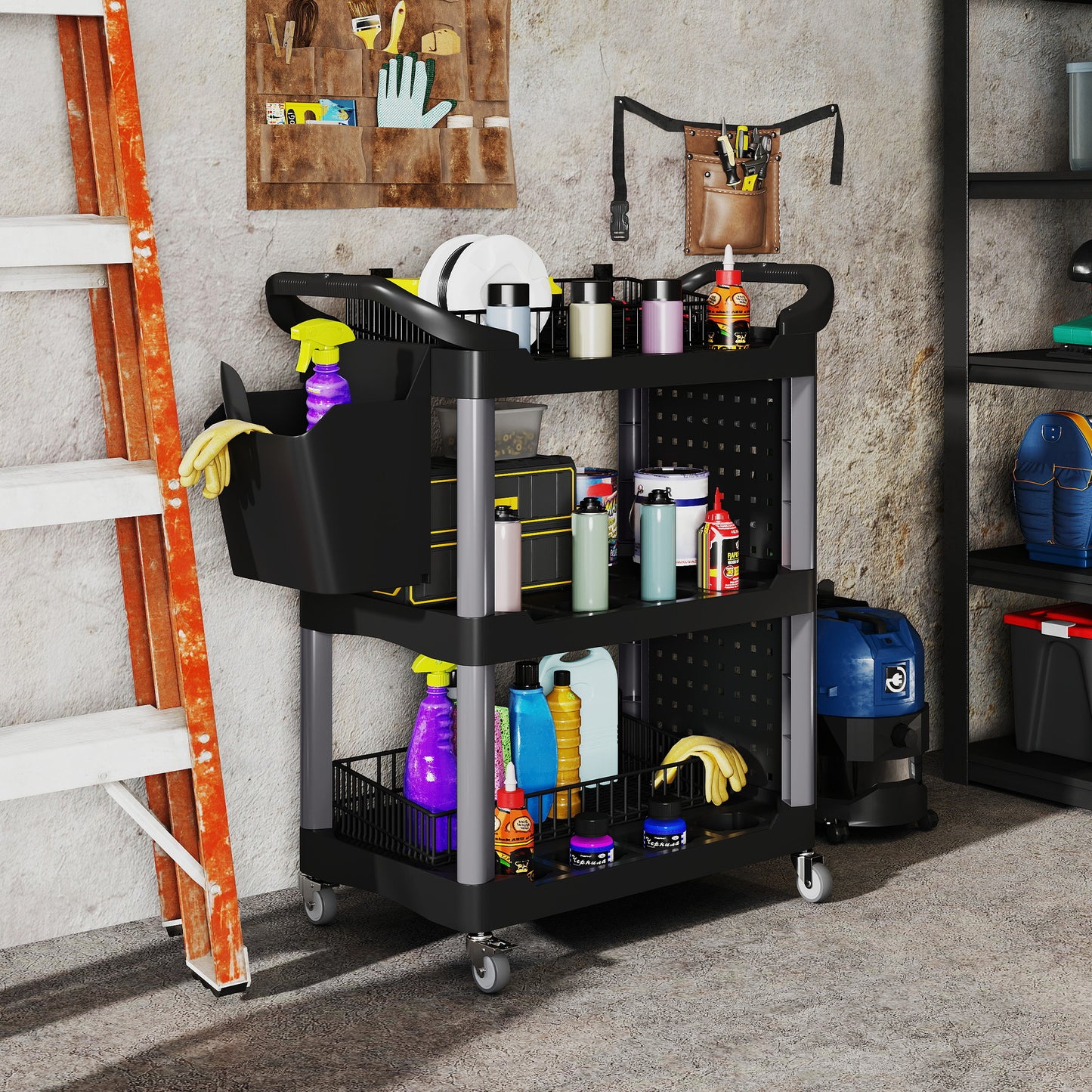 3-Tier Rolling Tool Cart, 200 LBS Capacity Plastic Utility Cart With Side Shelf And Bucket, Black And Light Gray