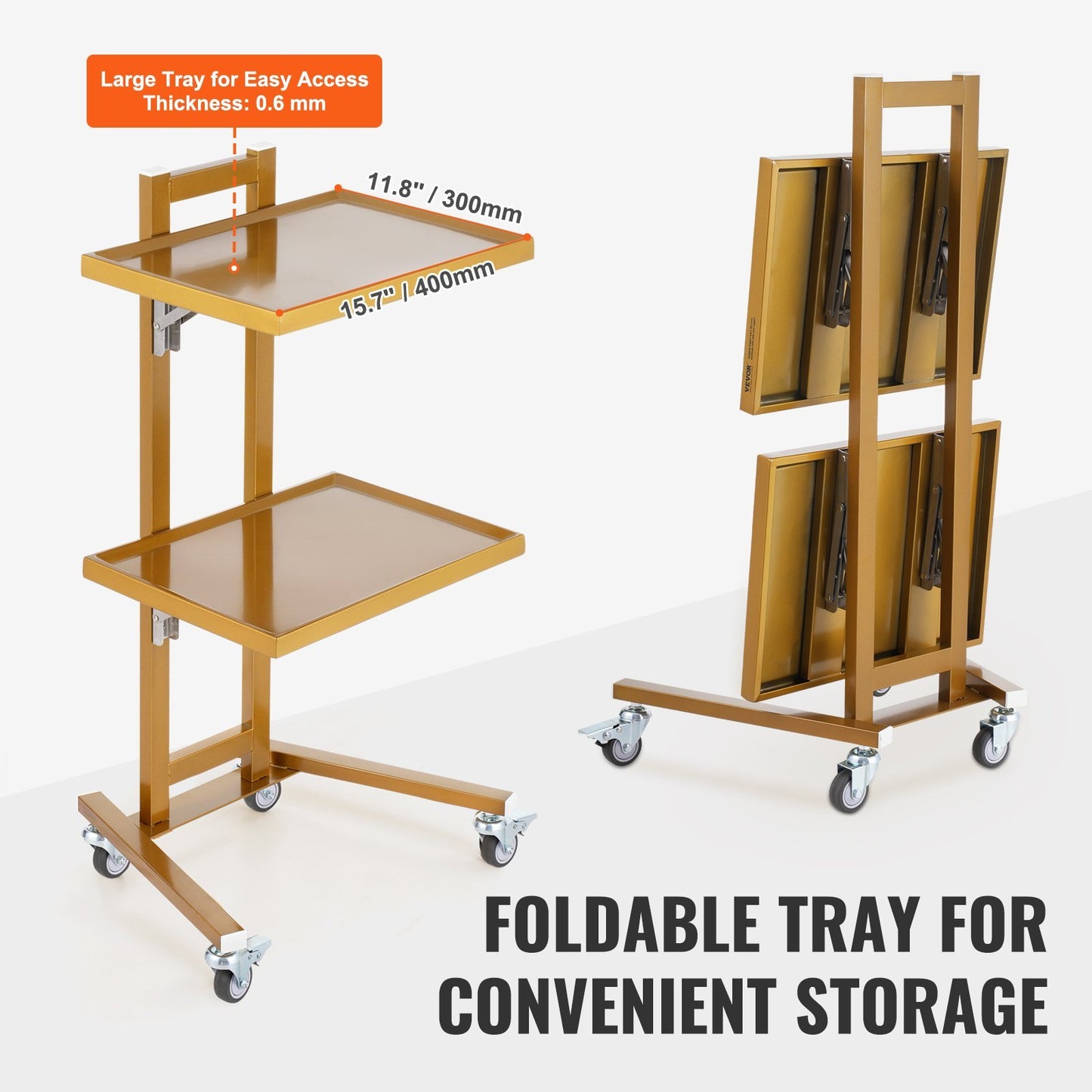 2 Tiers Stainless Steel Lab Carts With 2 Trays 4 Silent Wheels Golden, Lab Serving Cart Utility Cart Stainless Steel Medical Cart, Lab Carts With 2 Drawers Top Tray, Lab Rolling Cart For Lab, Clin