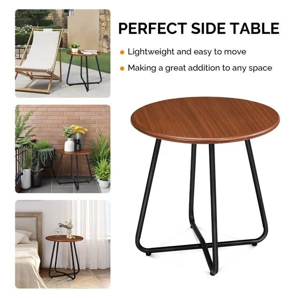Outdoor Side Table With Imitation Wood Tabletop, Weather Resistant Patio Side Table, Round Outdoor End Table For Patio Yard Balcony Garden