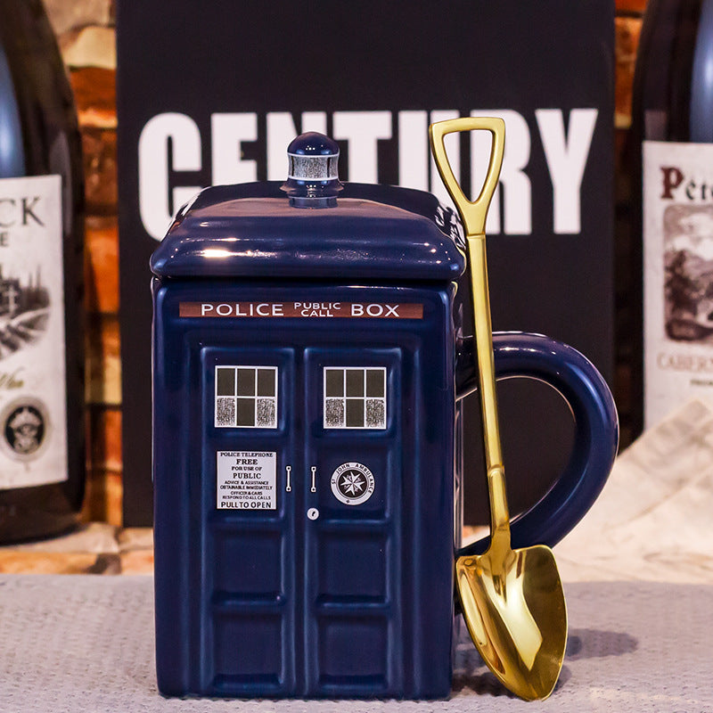 Police Box Ceramic Cup With Lid For Tea Coffee Mug