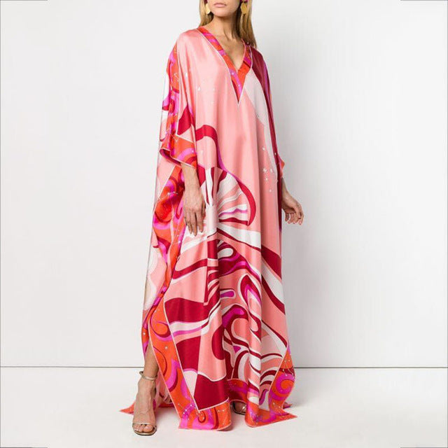 Womens Robe Loose Casual Fashion Printing V-Neck Long Skirt Holiday Style Dress