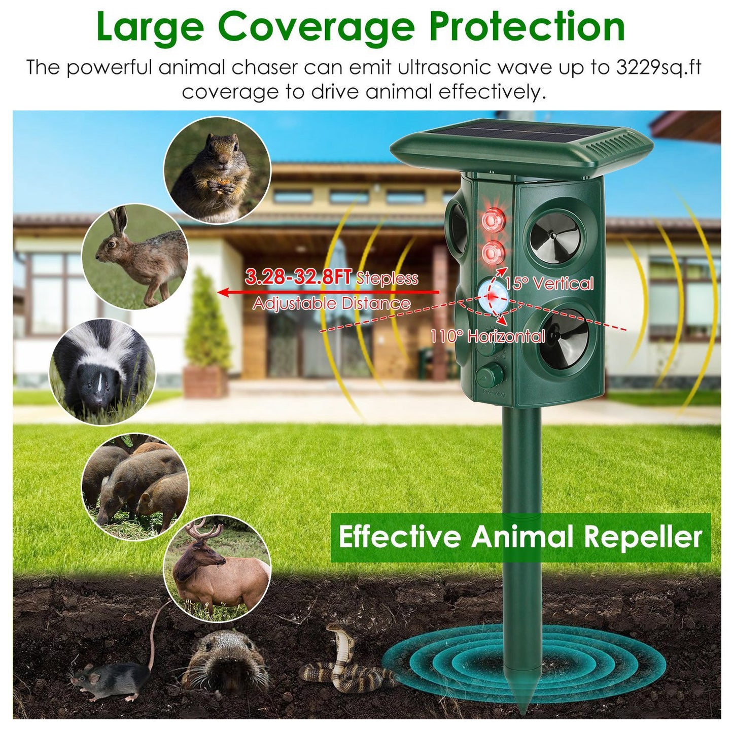 Solar Ultrasonic Animal Repeller Solar Powered Animal Repellent Chaser With PIR Motion Sensor IP54 Waterproof Sound Flashing Light For Deer Raccoon Squirrel Mice Snakes Cat Dog