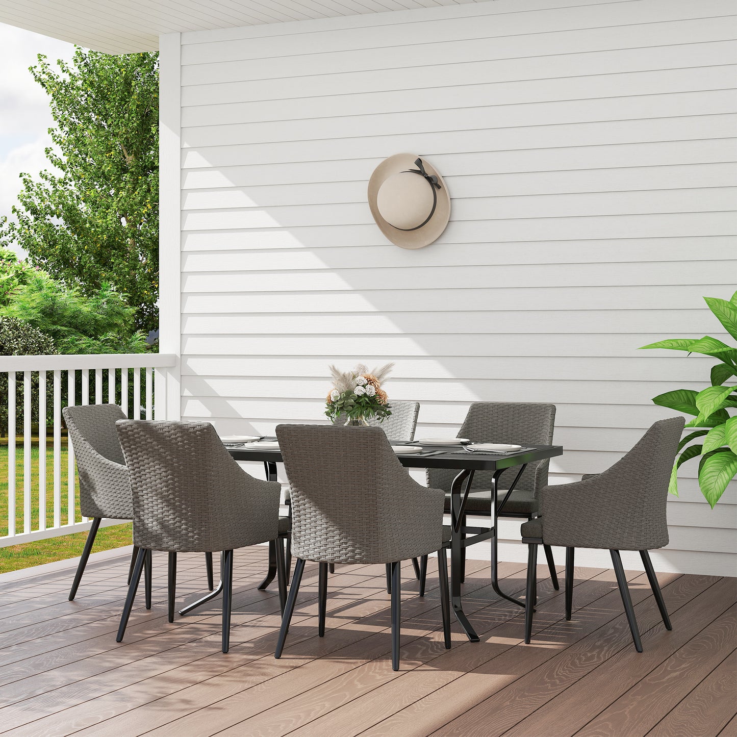 6 Seater Rattan Dining Set With Cushions, Garden Furniture Set With Armchairs, Rectangle Slatted Table Top, Steel Frame, Parasol Hole, Wicker Outdoor Furniture For Patio, Balcony, Grey