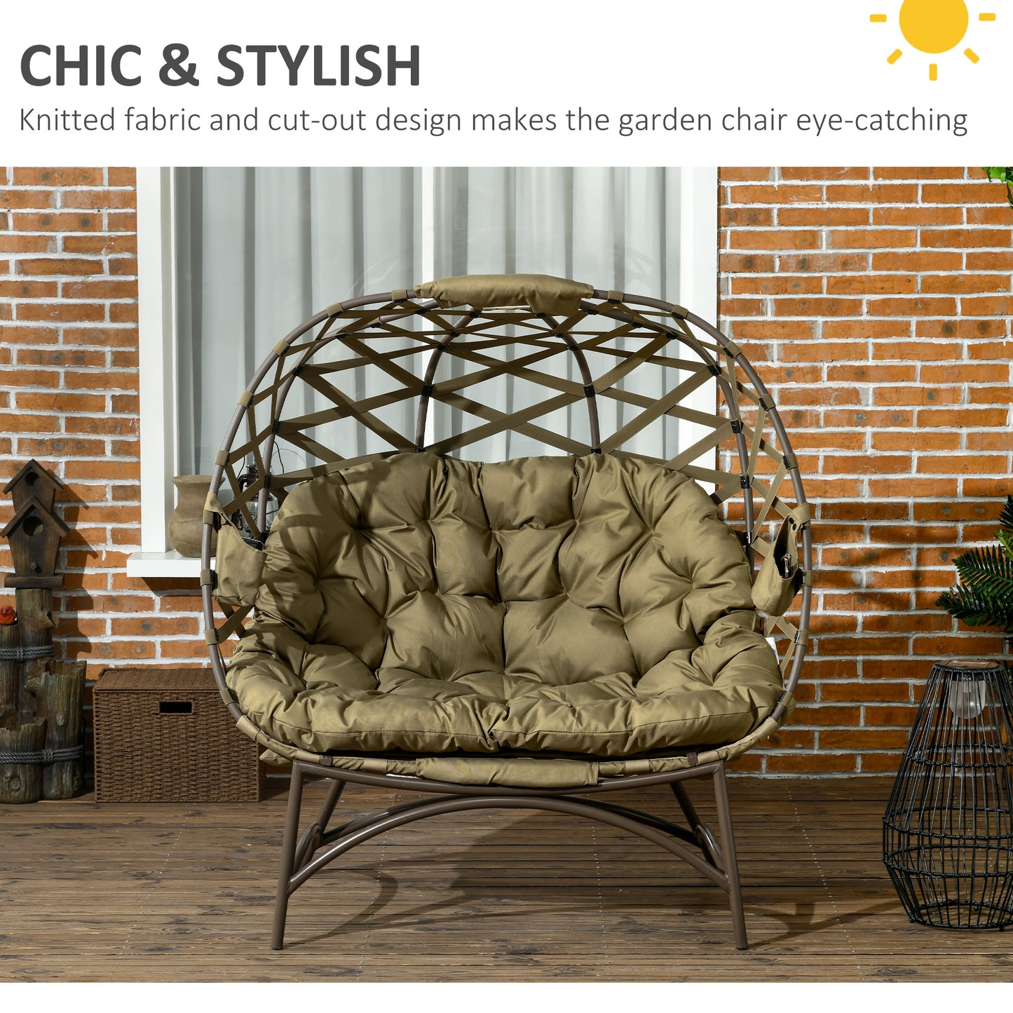 2 Seater Egg Chair Outdoor, Folding Weave Garden Furniture Chair With Cushion, Cup Pockets - Khaki