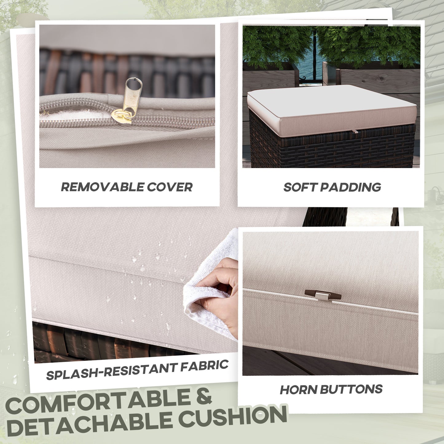 2 Piece Wicker Outdoor Ottomans With Cushions, Rattan Ottoman Footrest And Side Table For Patio, Yard, Poolside, Cream