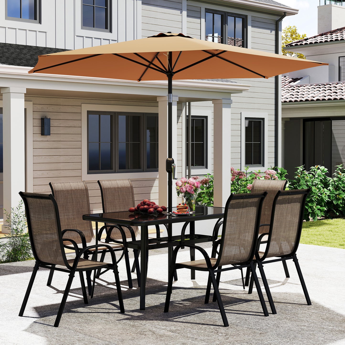 8 Pieces Patio Furniture Set with 9Ft Patio Umbrella, Outdoor Dining Table and Chairs, Light Mixed Brown