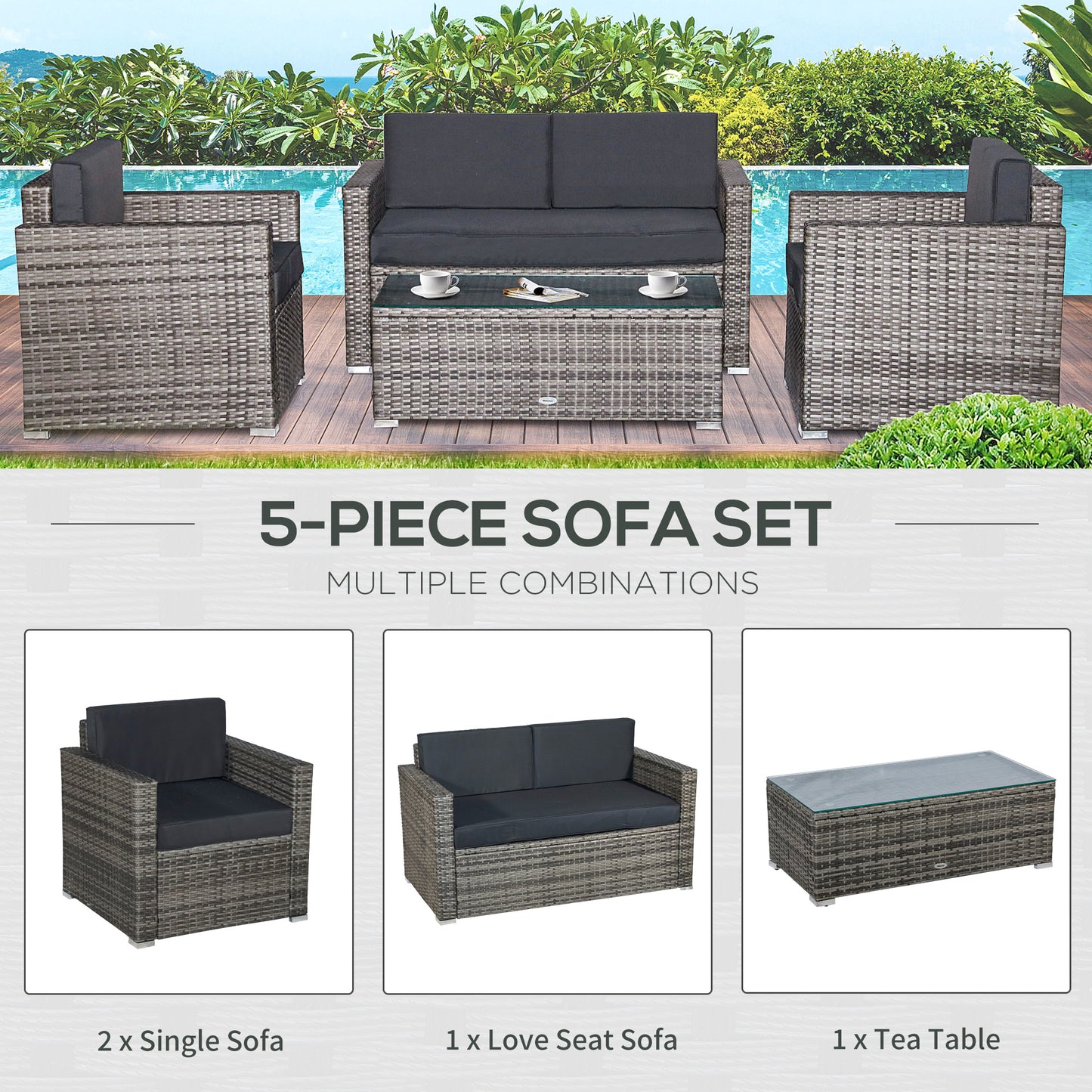 4 Piece Wicker Patio Furniture Set with Cushions, Outdoor Sectional Furniture with 2 Sofa, Loveseat, and Glass Top Coffee Table, Conversation Sofa Sets for Garden, Black