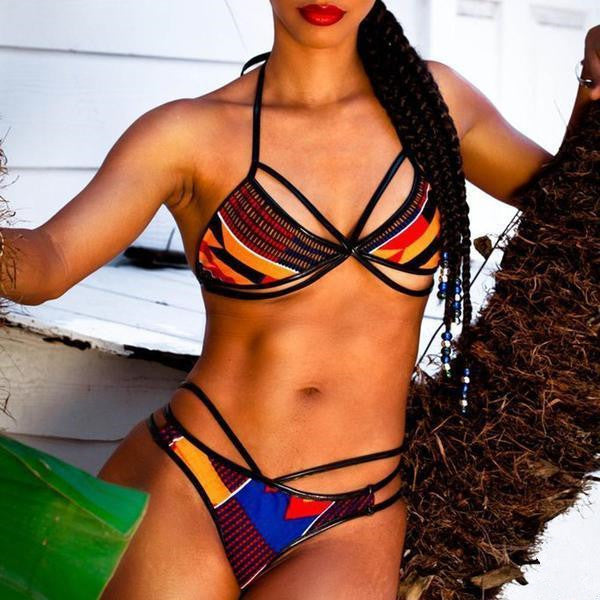 Maroon Multi Colored Bikini Set