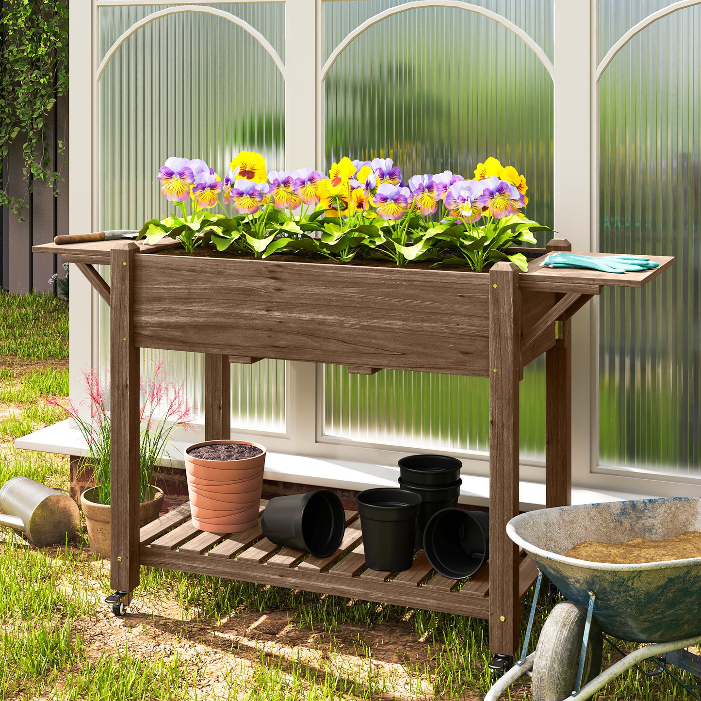 Wood Raised Planter Box, Elevated Garden Bed With Lockable Wheels, Side Tables, Bottom Shelf, Drain Holes, Carbonized