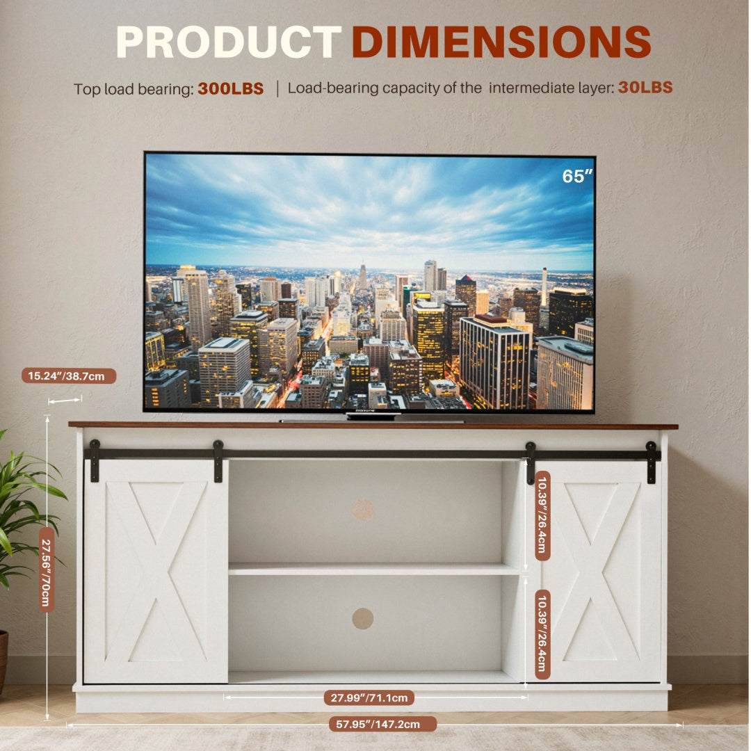 65-inch Solid Wood TV Cabinet With Double-layer Storage Space Sliding Door, Modern Living Room Furniture