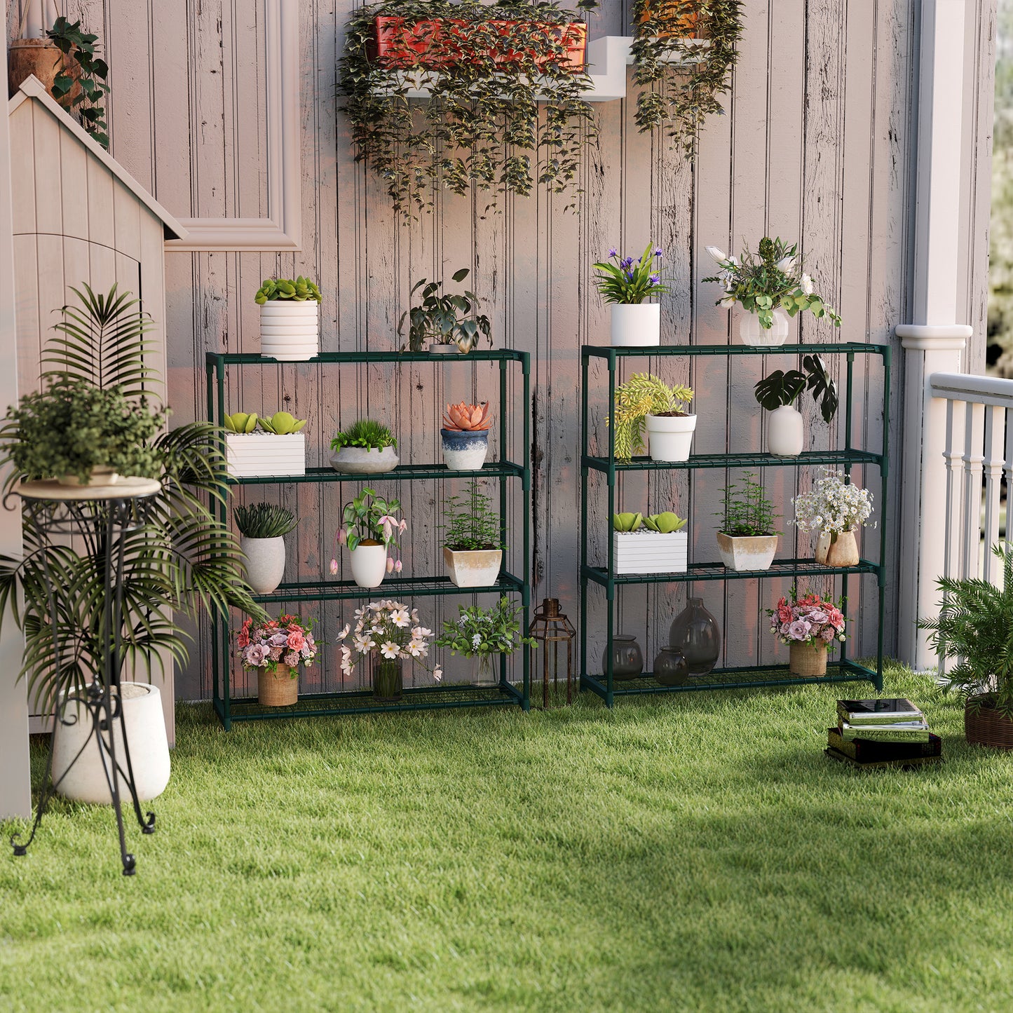 Modern Plant Stand, 4-Tier Planter Holder With Steel Frame, Outdoor Flower Display Rack For Potted Plants Garden Balcony Decor, Dark Green