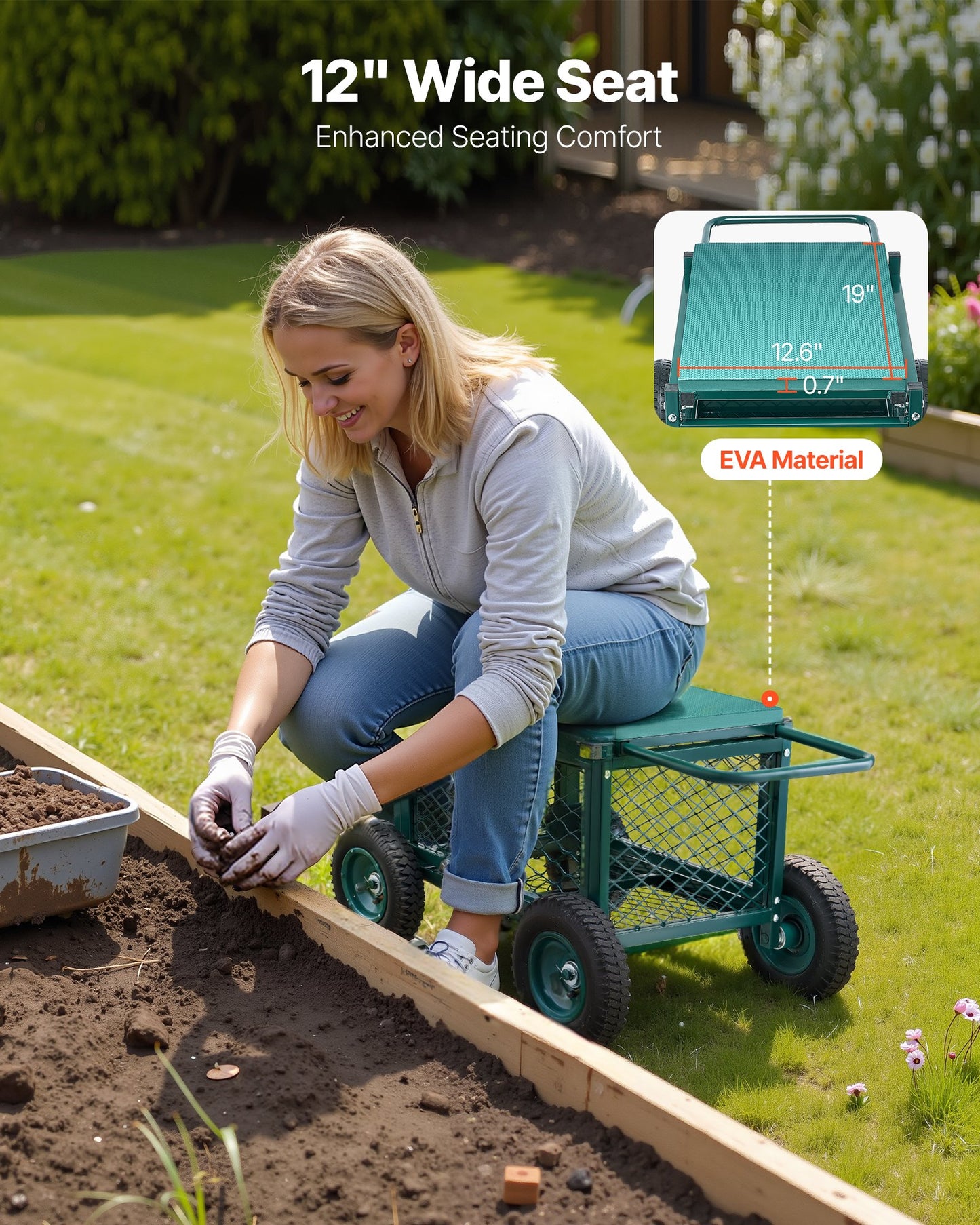 Rolling Garden Seat With Wheel 400LB Heavy Duty Metal Garden Cart With Storage