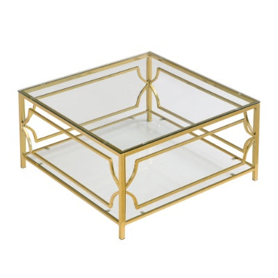 Square Glass Coffee Table In 33.5 ,Luxurious Geometric Metal Frame,Gold Finish Lower Shelf