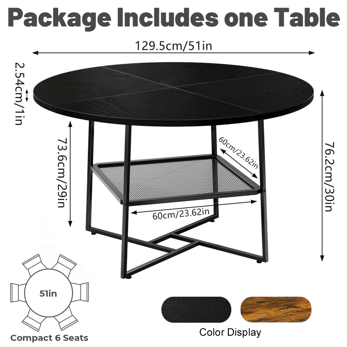 51 Round Dining Table For 4-6 Tiger Stripes-Black Wooden Dining Room Table With Storage Shelf Space Saving Circle Dinner Table With Metal Legs For Kitchen Living Room Dining Restaurant Furniture