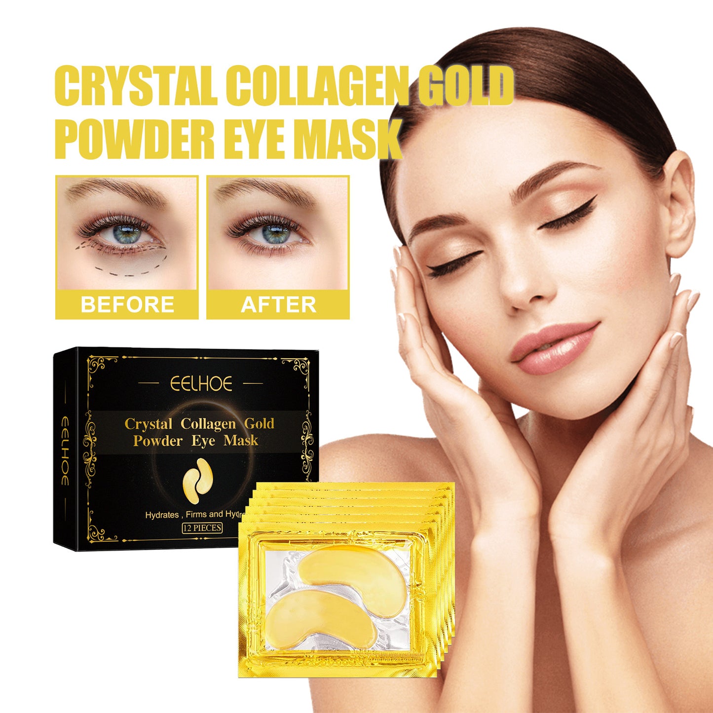 EELHOE Collagen Gold Eye Mask Moisturizing Care, Firming Eye Lines, Eye Patches, Staying Up Late, Dark Circles, Eye Bags