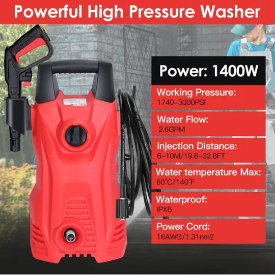 Electric High Pressure Washer 3000PSI Max 2.6GPM Powerful Car Washer Pressure Cleaner With Adjustable Spray Nozzle Soap Dispenser IPX5 Waterproof For Patio Garden Driveway