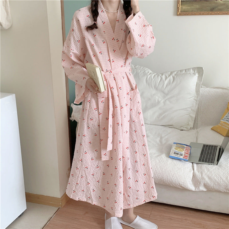 Cherry Plaid Cute Bathrobe Long