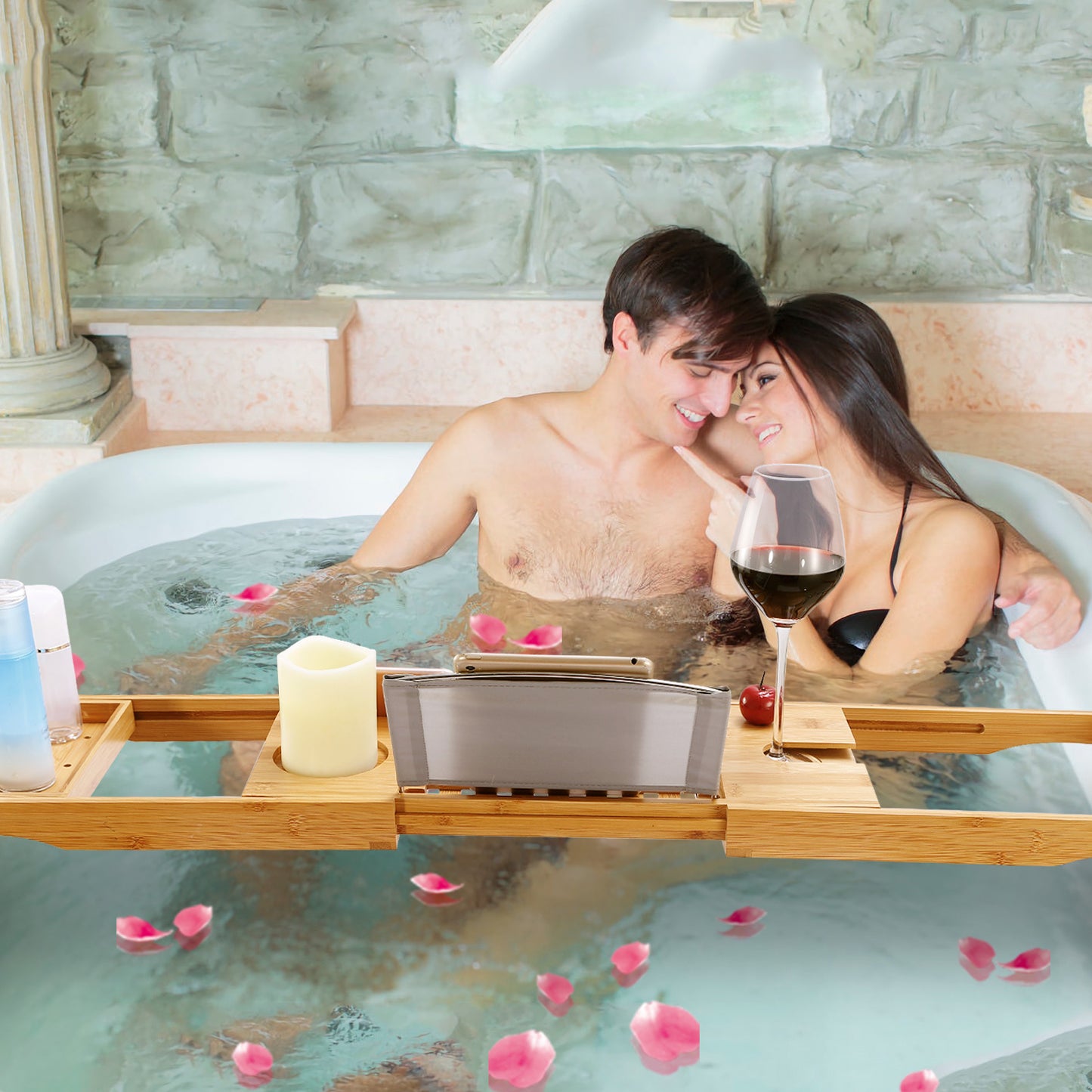 1Pc Bathtub Caddy Tray Crafted Bamboo Bath Tray Table Extendable Reading Rack Tablet Phone Holder Wine Glass Holder Shelf Desk Bathroom Spa