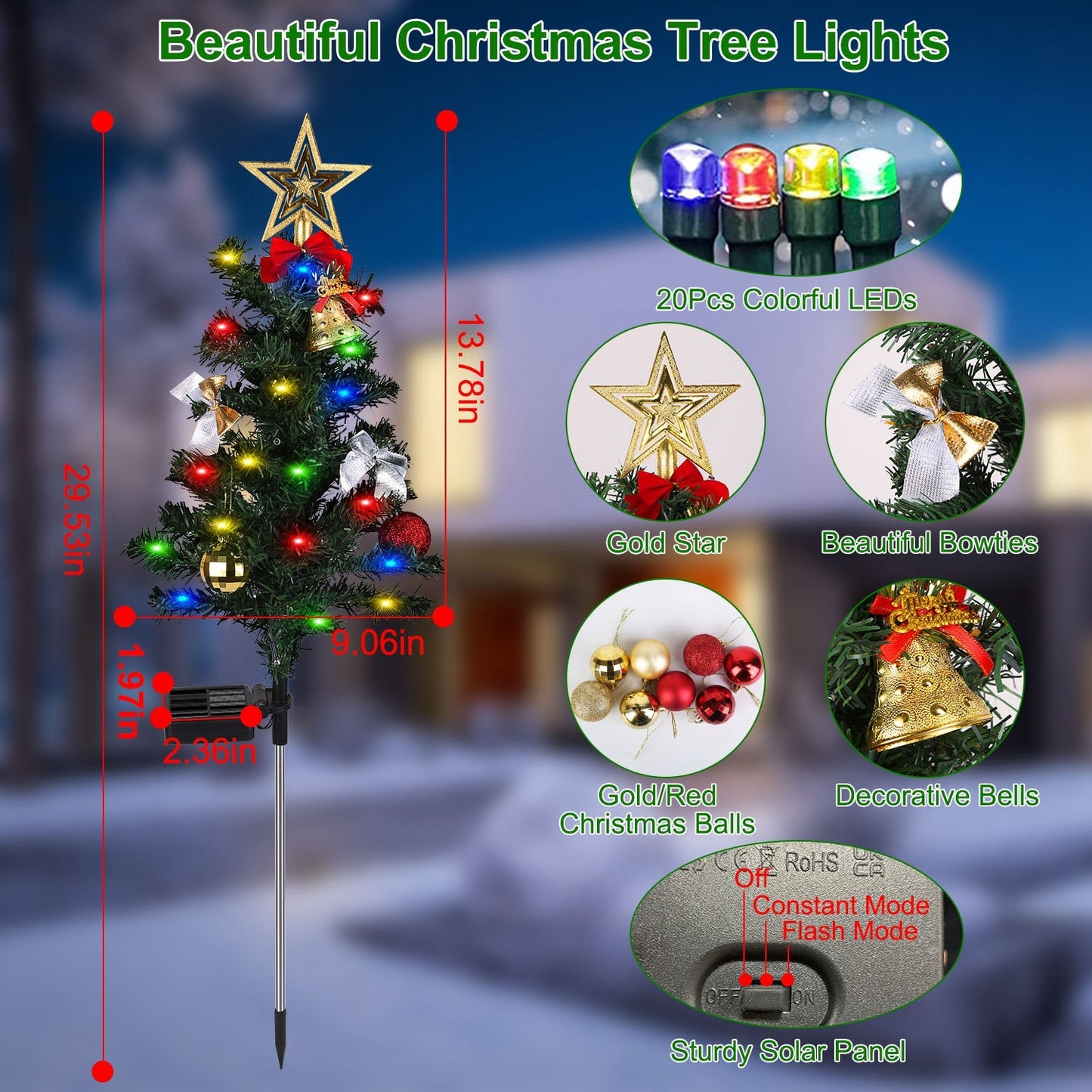 4Packs Solar Christmas Tree Lights Xmas Garden Decorations Tree Stake Lamp 20LEDs Solar Decor Light With Constant And Flashing Mode For Pathway Yard Patio Landscape