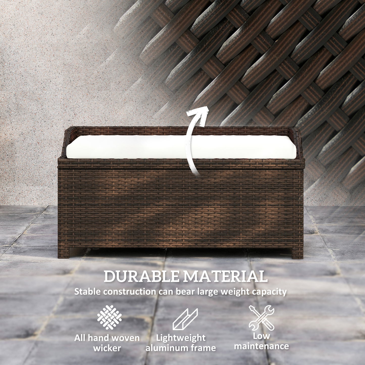 Outdoor Wicker Storage Bench With Storage & Cushion, Cream White