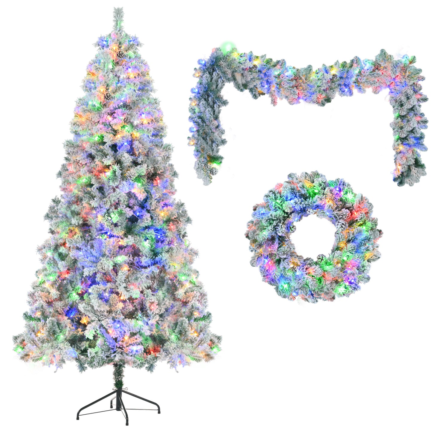 6 Feet Snow Covered Christmas Tree, Pre-Installed Light Set With Tree & Garland & Garland, Artificial Hinged Christmas Tree With Colored LED Lights, 8 Lighting Modes, Pine Cone, Home Holiday Decoratio