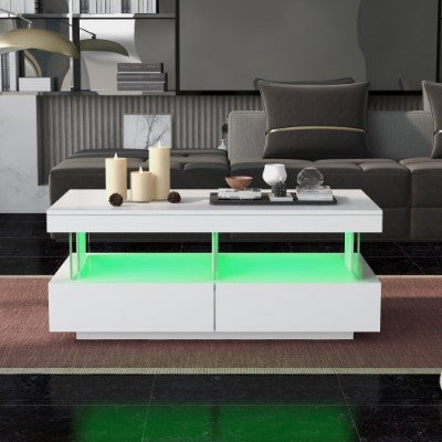 Coffee Table For Living Room, High Gloss Tea Table With 16-Color LED Lights, Coffee Table With 2 Drawers And Open Storage Space, End Table For Home Office Furniture, White