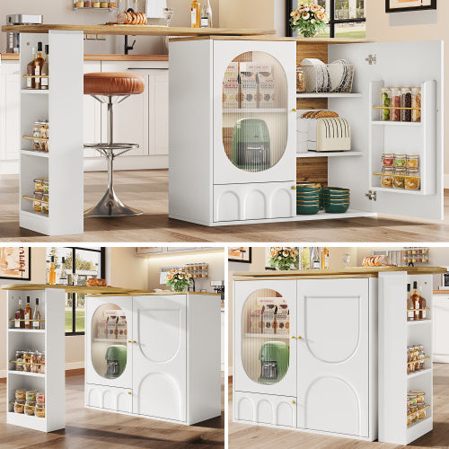 360 Rotating Bar Table Body 138 X 39 X 105 Cm, Coffee Bar Furniture, Rotating Dining Table With Storage Space, Kitchen Island, Two Doors With Shelves, Sideboard, Buffet, White