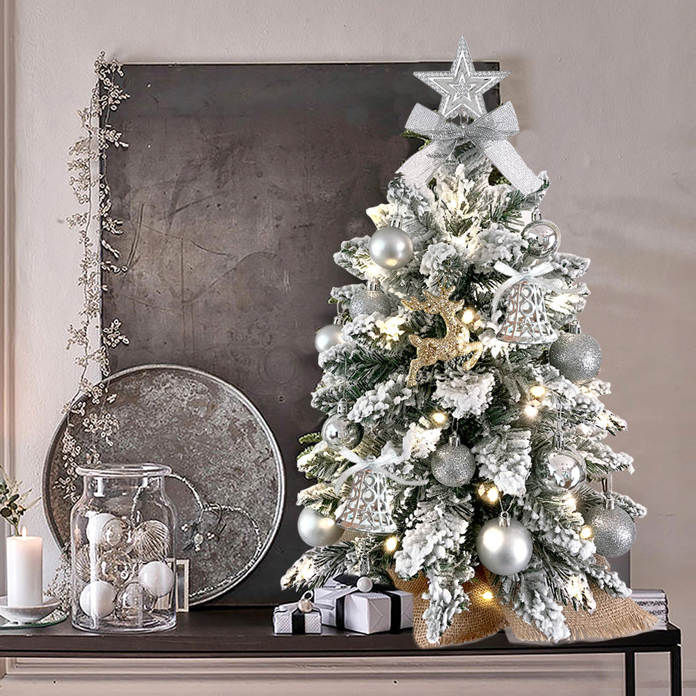 22in Tabletop Artificial Mini Silver Christmas Tree With Light With Flocked Snow