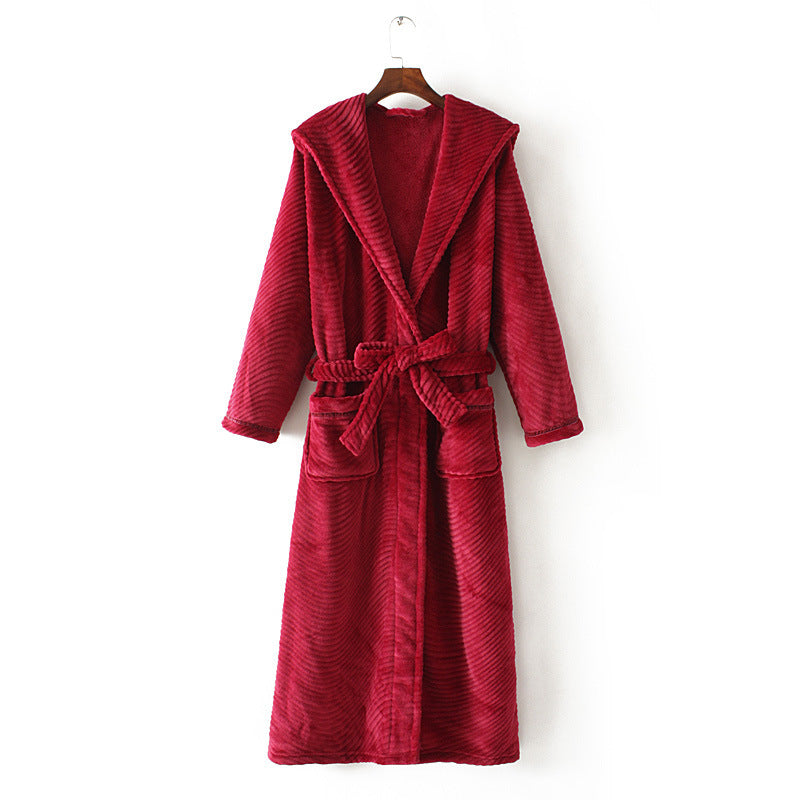 Solid Color Extended Hooded Flannel Bathrobe