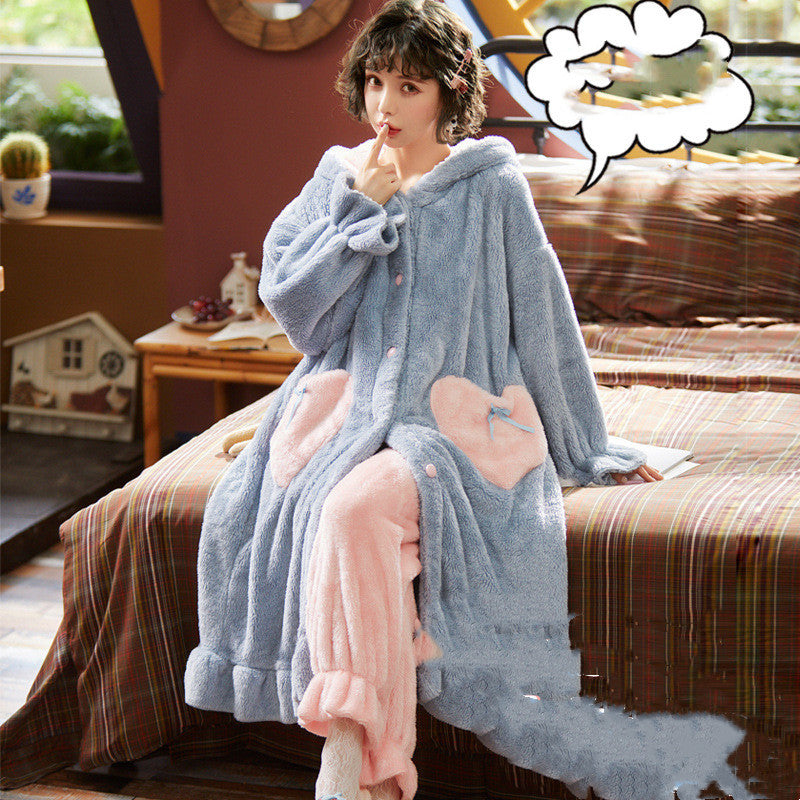 Nightgown Sweet Hooded Bathrobe Warm Set