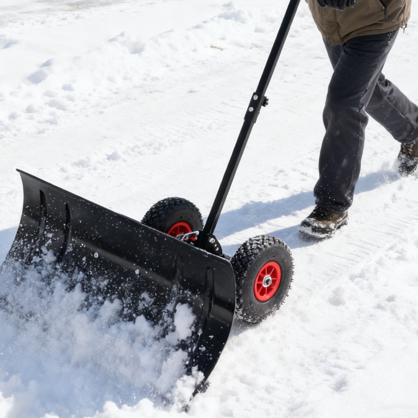 This 30-inch Wide, 15-inch High Metal Snowplow Features Two Wheels, Adjustable Handle Angle And Height For Easy Snow Removal, And An Ergonomic Single-pole Design Suitable For Driveways And Sidewalks.