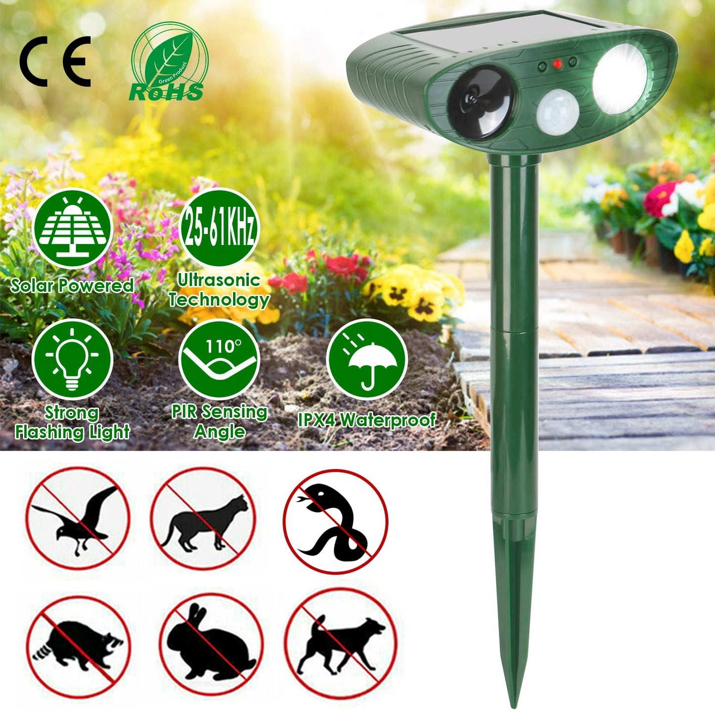 1Pc Solar Ultrasonic Animal Repeller PIR Sensor Animal Repellent Chaser With Flashing Light IPX4 Waterproof For Chasing Deer Raccoon Squirrel Rat Skunk Rabbit Mole Dog Cat Snake