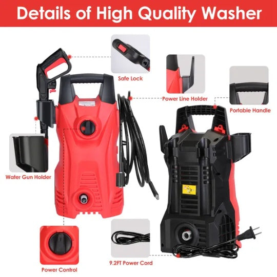 Electric High Pressure Washer 3000PSI Max 2.6GPM Powerful Car Washer Pressure Cleaner With Adjustable Spray Nozzle Soap Dispenser IPX5 Waterproof For Patio Garden Driveway
