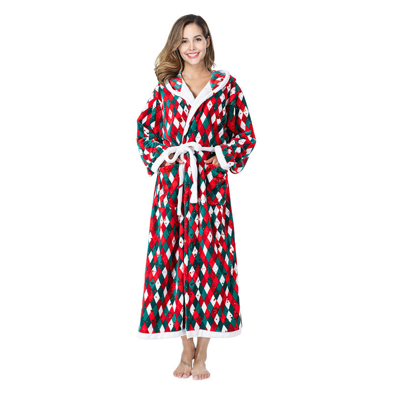 Christmas Plaid Bathrobe Hooded Color Matching