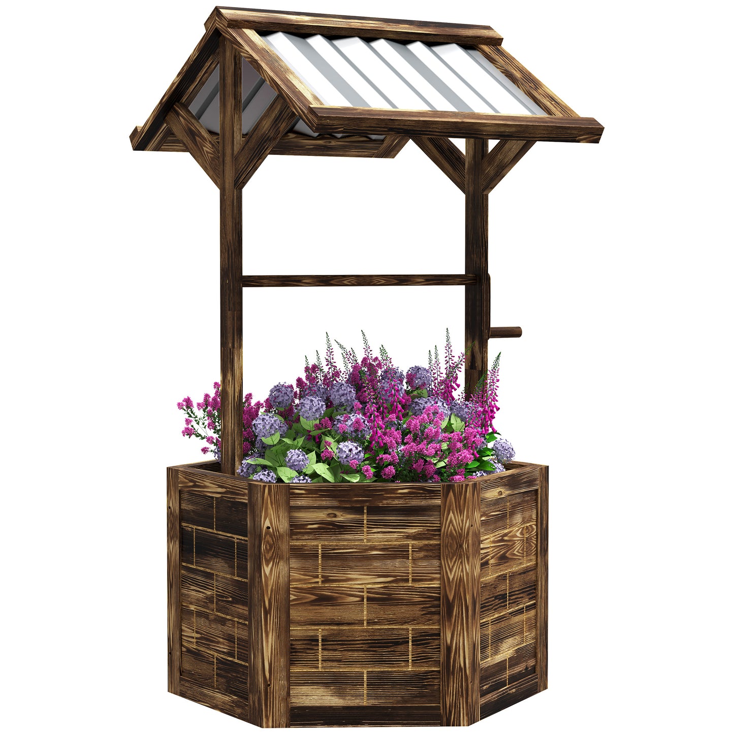 Wooden Wishing Well Planter, Raised Garden Bed with Galvanized Canopy, Hexagon Raised Flower Bed for Garden, Tan