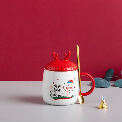 Christmas Mug With Lid Spoon Snowman Ceramic Mug