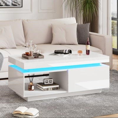 High Glossy LED Coffee Table With Drawer Storage, Wooden Centre Table With RGB Led Lights Rectangle Tea Table For Living Room Furniture, White Coffee Table With Open Display Shelf