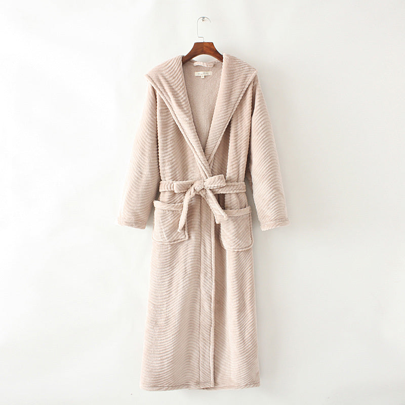 Solid Color Extended Hooded Flannel Bathrobe