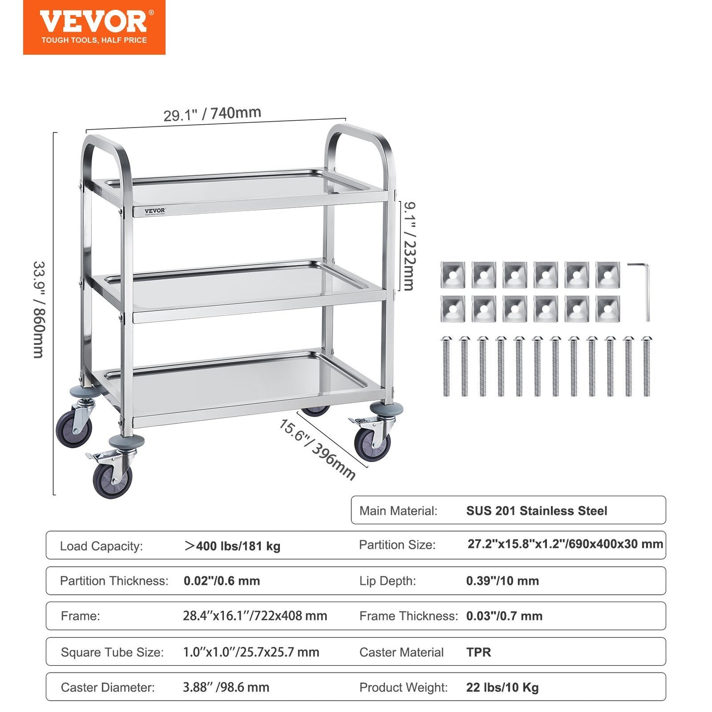 Stainless Steel Cart, 3-layer Practical Laboratory Cart, Carrying Capacity Of 400 Pounds, Medical Cart With Lockable Universal Wheels, Suitable For Laboratories, Clinics, Kitchens, Salons