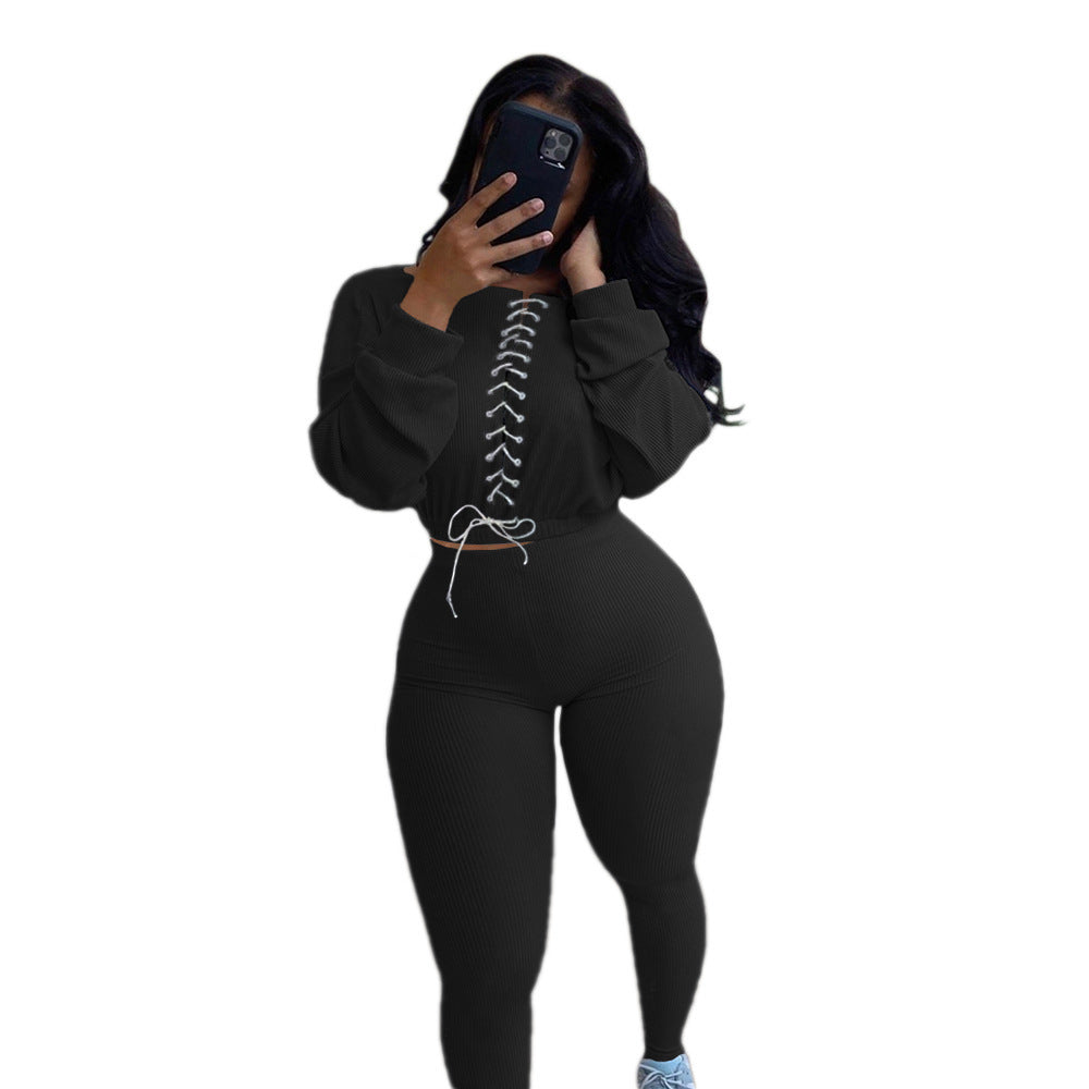 Autumn And Winter Tied Rope Leisure Sports Two-piece Set