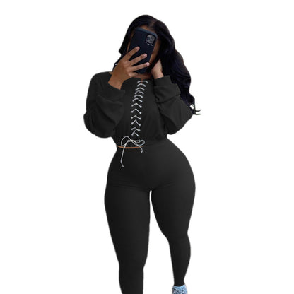 Autumn And Winter Tied Rope Leisure Sports Two-piece Set