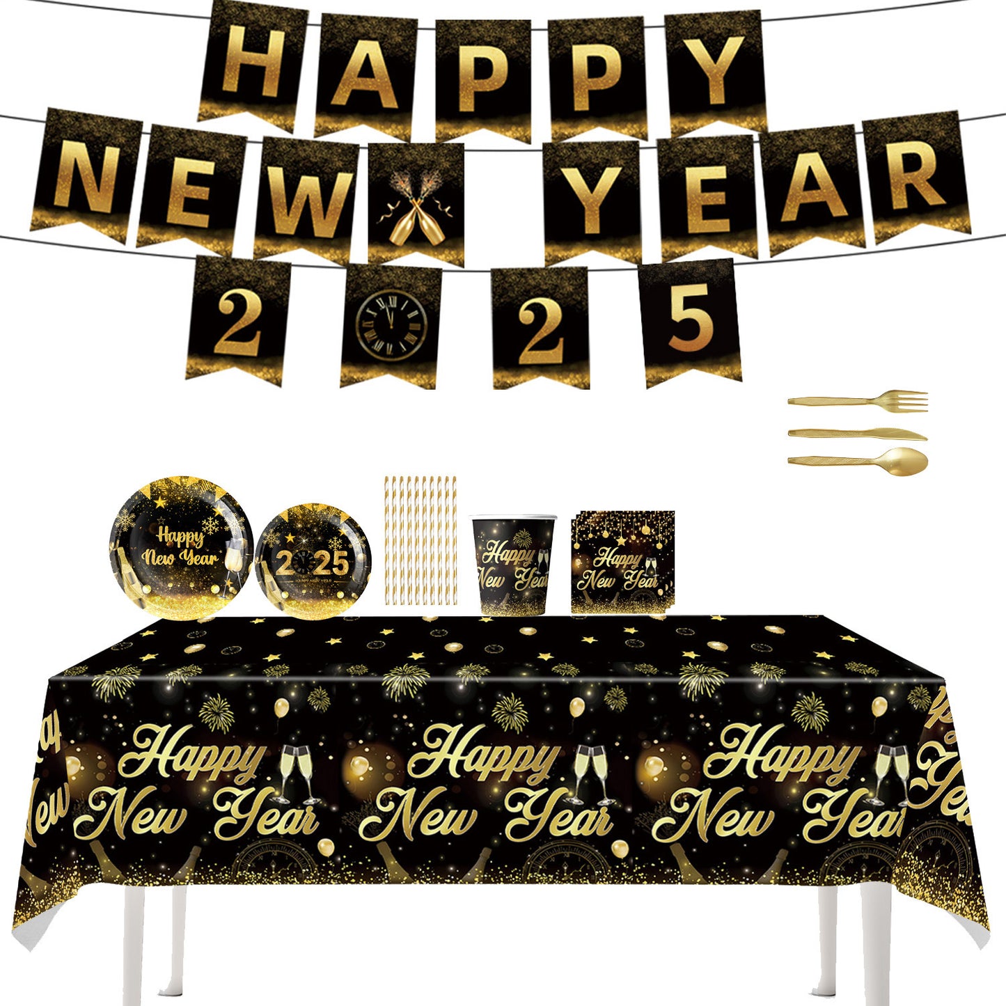 New Year Birthday Party Supplies Decoration Disposable Tableware Hanging Flag Cup Straw Tablecloth