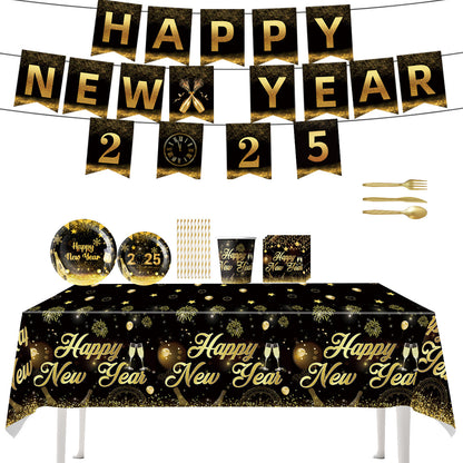 New Year Birthday Party Supplies Decoration Disposable Tableware Hanging Flag Cup Straw Tablecloth