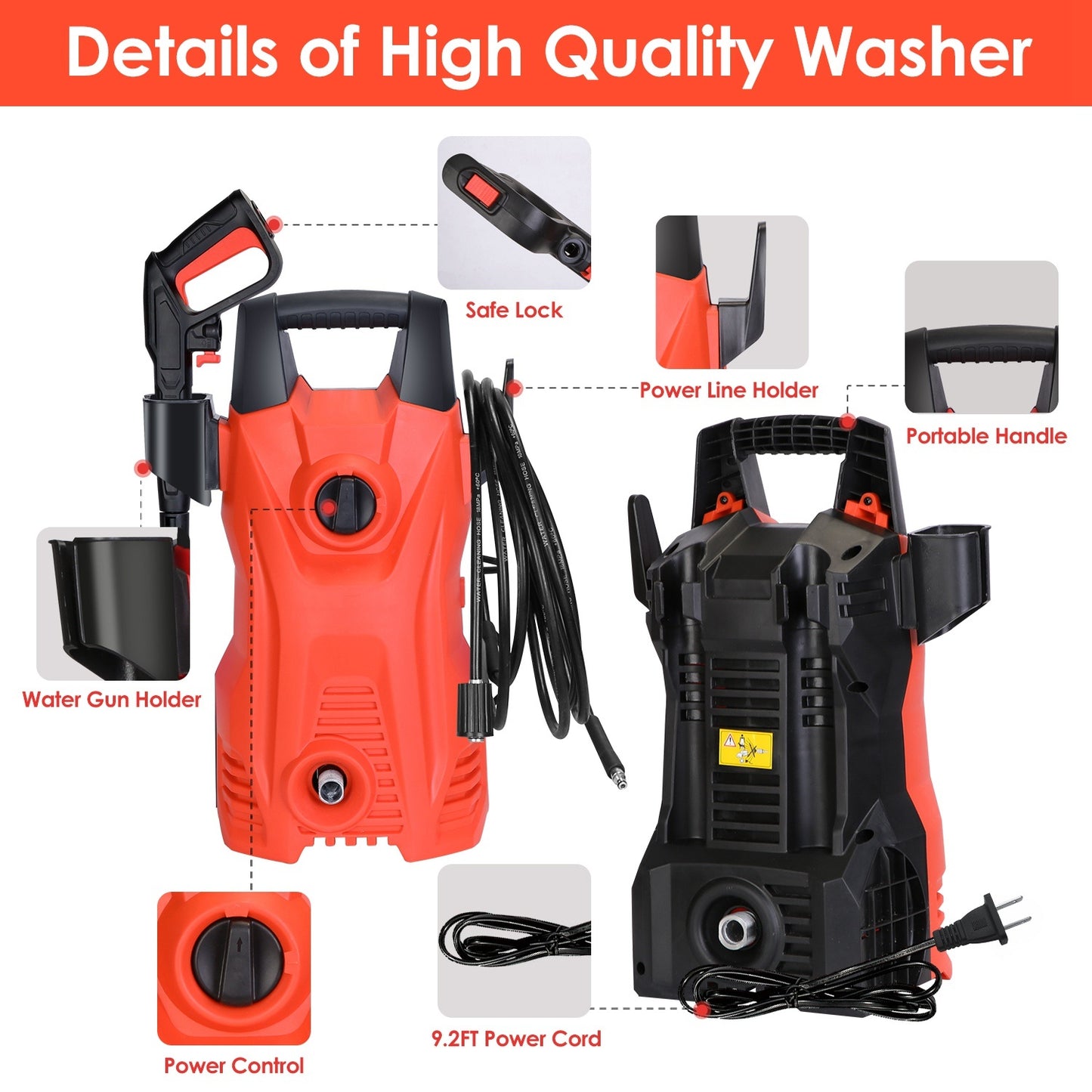 1Pc Electric High Pressure Washer 1740PSI  Powerful Car Washer Pressure Cleaner With Adjustable Spray Nozzle Soap Dispenser IPX5 Waterproof For Patio Garden Driveway