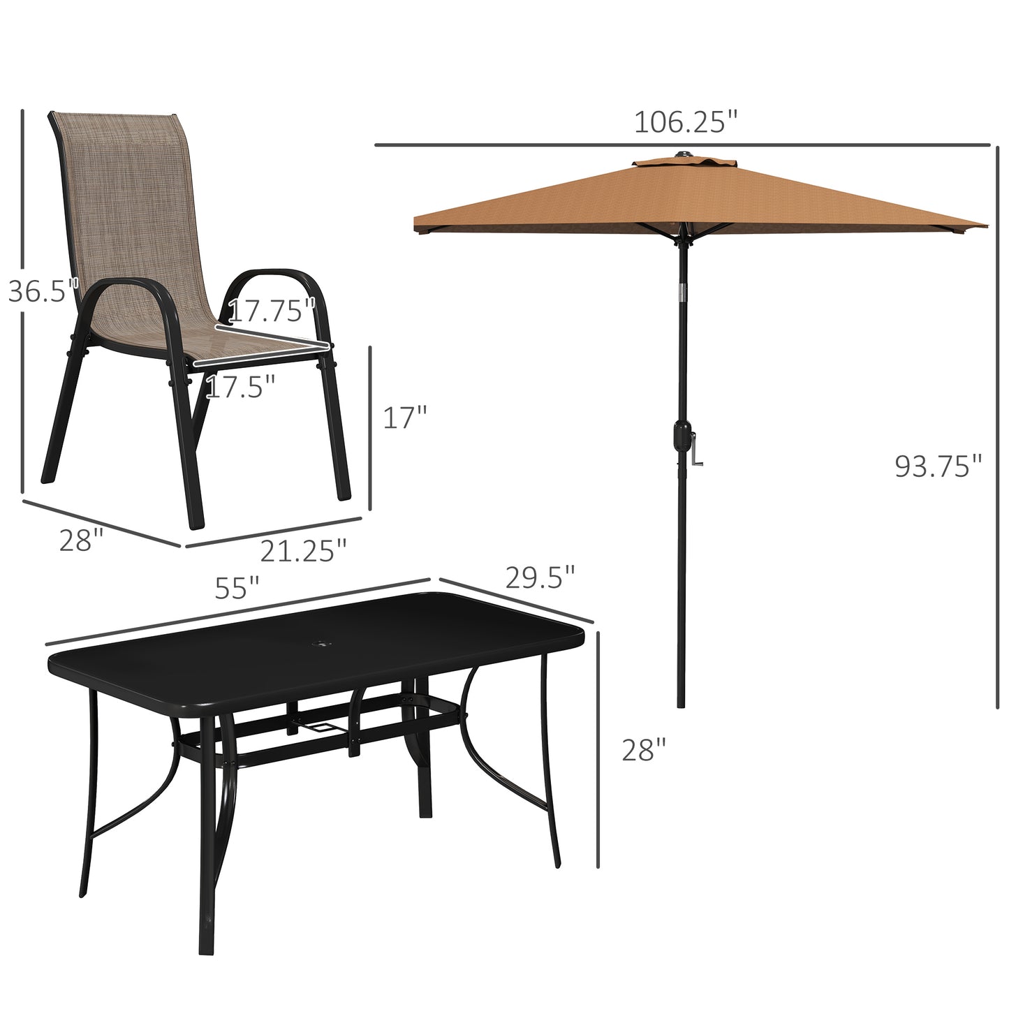 8 Pieces Patio Furniture Set with 9Ft Patio Umbrella, Outdoor Dining Table and Chairs, Light Mixed Brown
