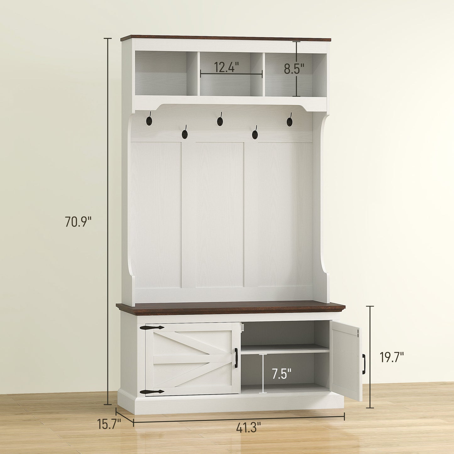 3-in-1 Hall Tree With Shoe Storage, Coat Rack With Bench, Entryway Furniture With Five Hooks, White Wood Grain