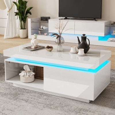 High Glossy LED Coffee Table With Drawer Storage, Wooden Centre Table With RGB Led Lights Rectangle Tea Table For Living Room Furniture, White Coffee Table With Open Display Shelf