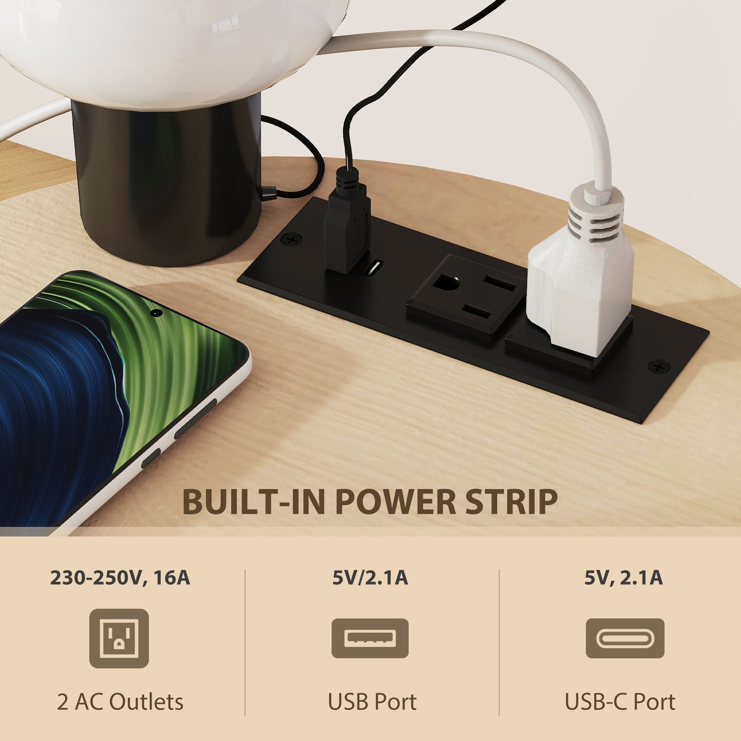 Round Side Table With Charging Station, 3-Tier End Table With Fabric Storage Bag And Shelf, Natural Wood