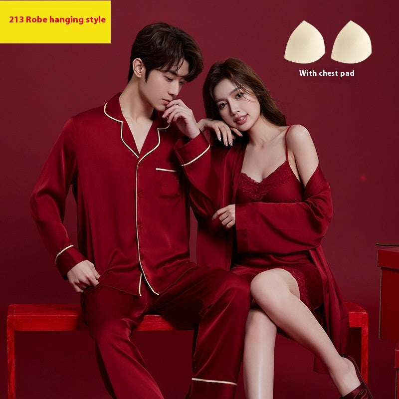 Spring And Autumn Ice Silk Red Festive Men's And Women's Wedding Dowry Suit